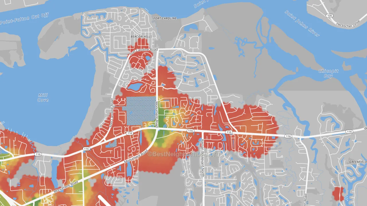 Walk Grade map of Cobblestone, Jacksonville, FL, walkable areas in green and car-dependent areas in red