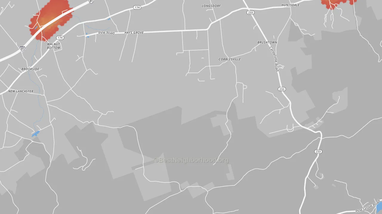 Walk Grade map of Cobblesville, PA, walkable areas in green and car-dependent areas in red