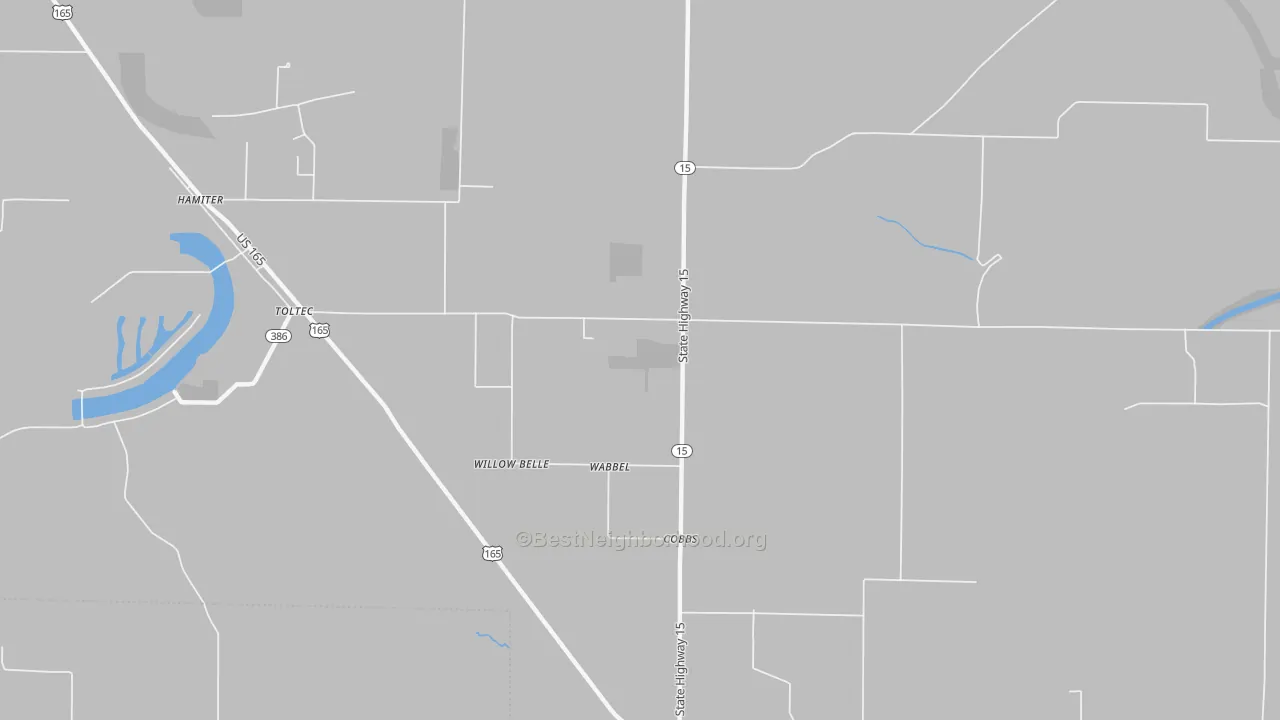 Walk Grade map of Cobbs, AR, walkable areas in green and car-dependent areas in red