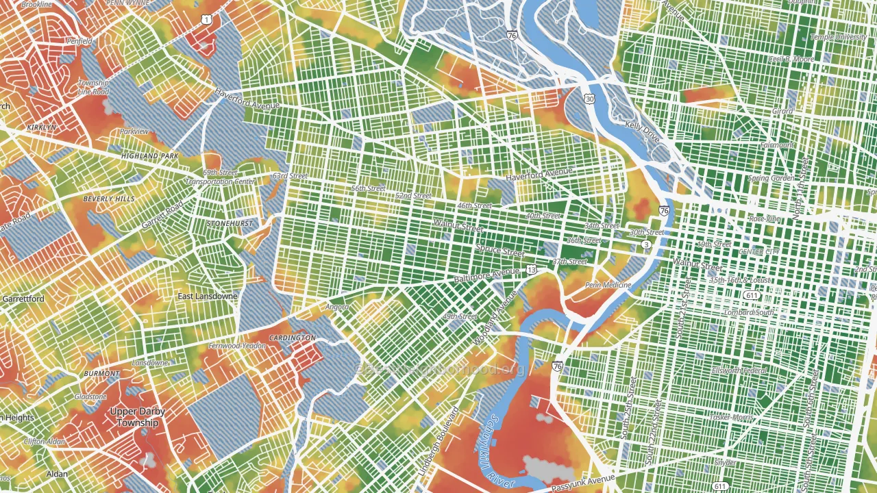 Walk Grade map of Cobbs Creek, Philadelphia, PA, walkable areas in green and car-dependent areas in red