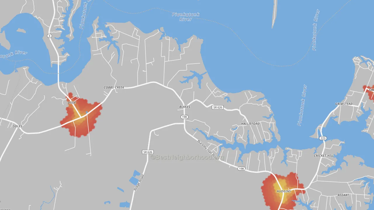 Walk Grade map of Cobbs Creek, VA, walkable areas in green and car-dependent areas in red