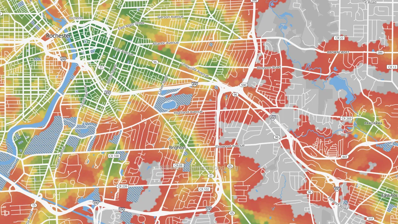 Walk Grade map of Cobbs Hill, Rochester, NY, walkable areas in green and car-dependent areas in red