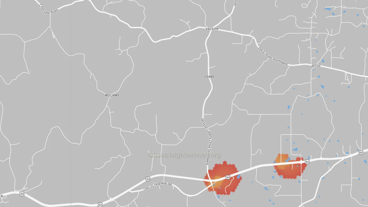 Walk Grade map of Cobbs, MS, walkable areas in green and car-dependent areas in red