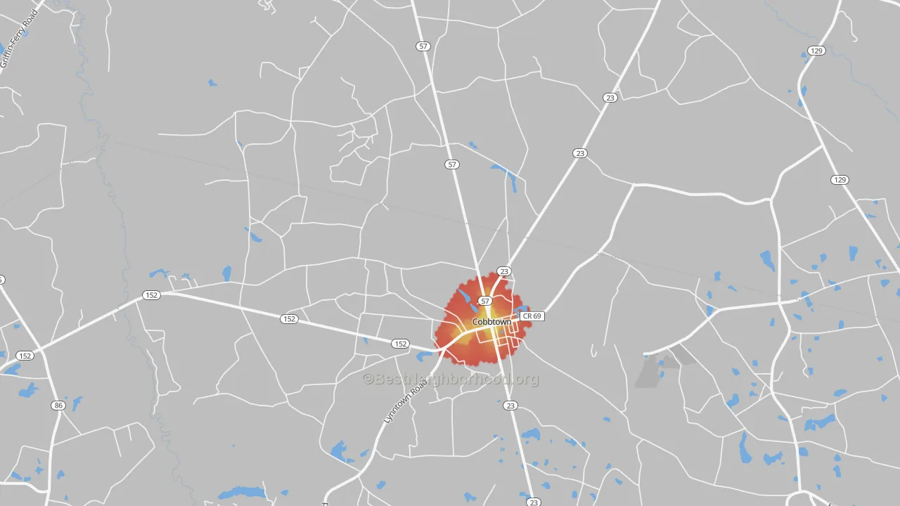 Walk Grade map of Cobbtown, GA, walkable areas in green and car-dependent areas in red