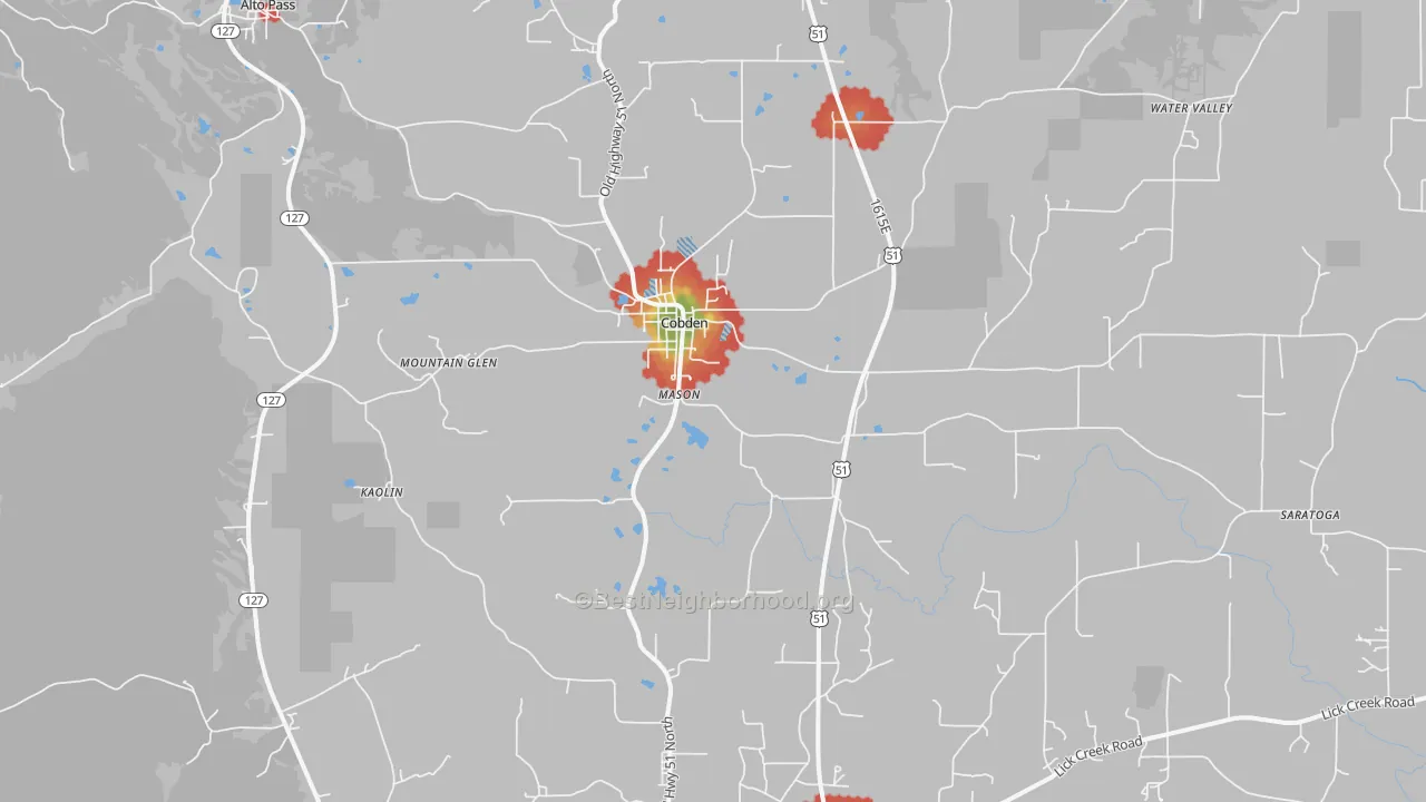Walk Grade map of Cobden, IL, walkable areas in green and car-dependent areas in red
