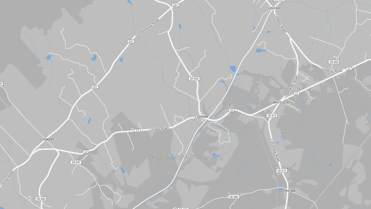 Walk Grade map of Cobham, VA, walkable areas in green and car-dependent areas in red
