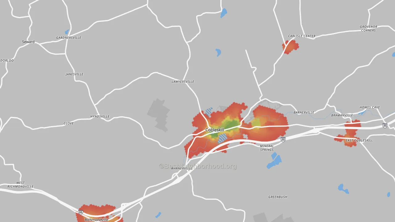 Walk Grade map of Cobleskill, NY, walkable areas in green and car-dependent areas in red