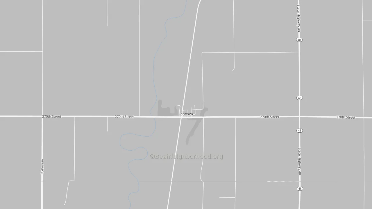 Walk Grade map of Coburg, IA, walkable areas in green and car-dependent areas in red