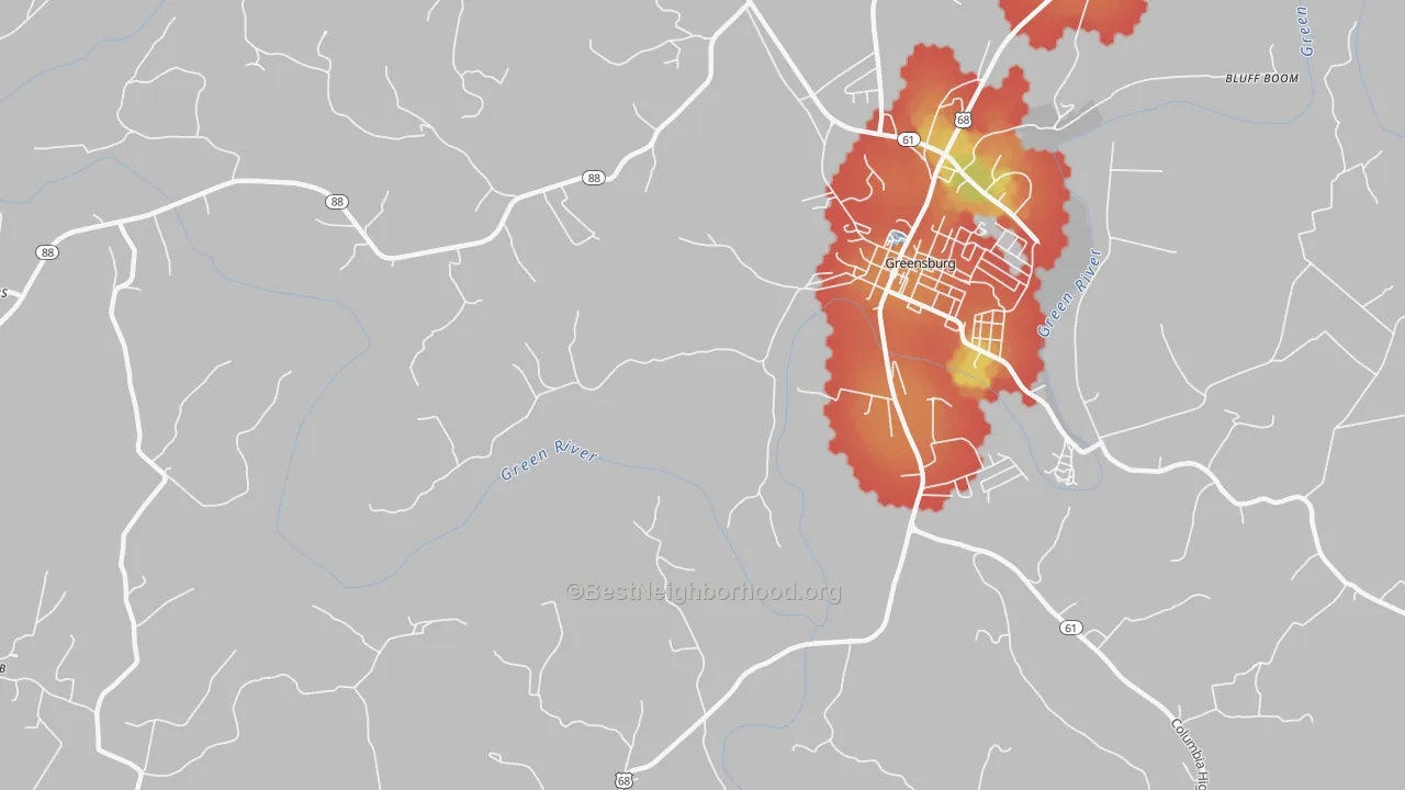 Walk Grade map of Coburg, KY, walkable areas in green and car-dependent areas in red