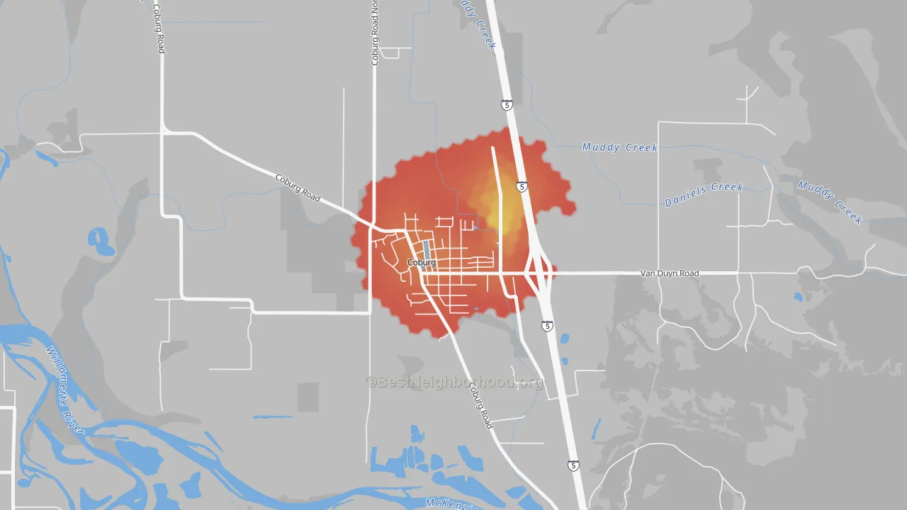 Walk Grade map of Coburg, OR, walkable areas in green and car-dependent areas in red