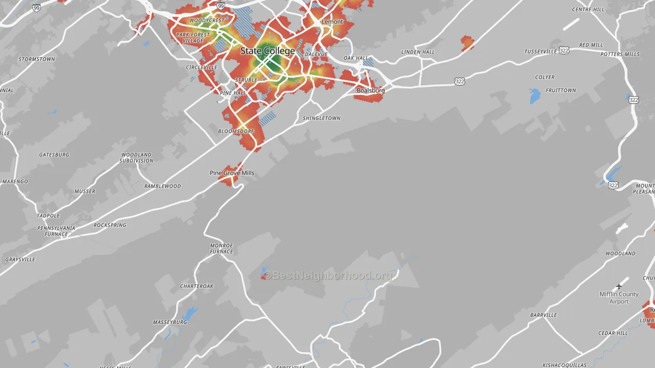 Walk Grade map of Coburn, PA, walkable areas in green and car-dependent areas in red
