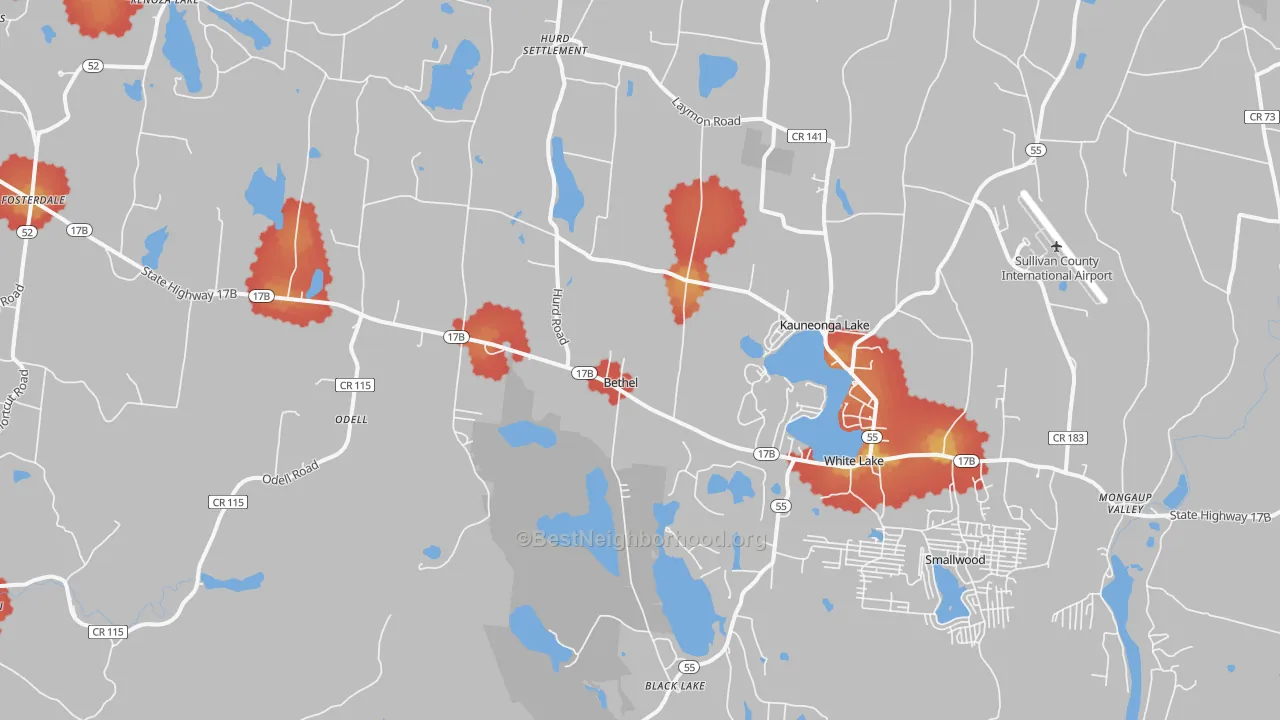 Walk Grade map of Cochecton Center, NY, walkable areas in green and car-dependent areas in red