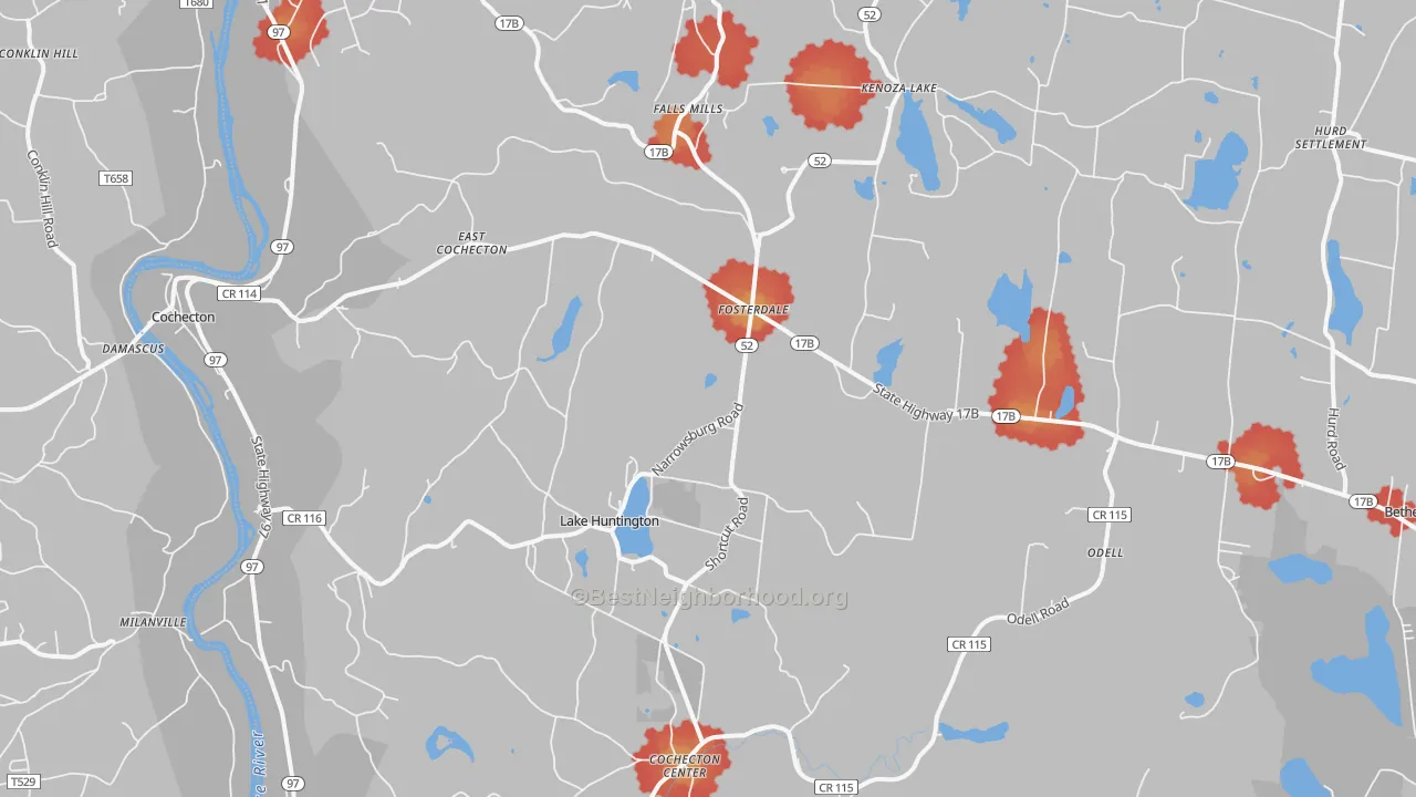 Walk Grade map of Cochecton, NY, walkable areas in green and car-dependent areas in red