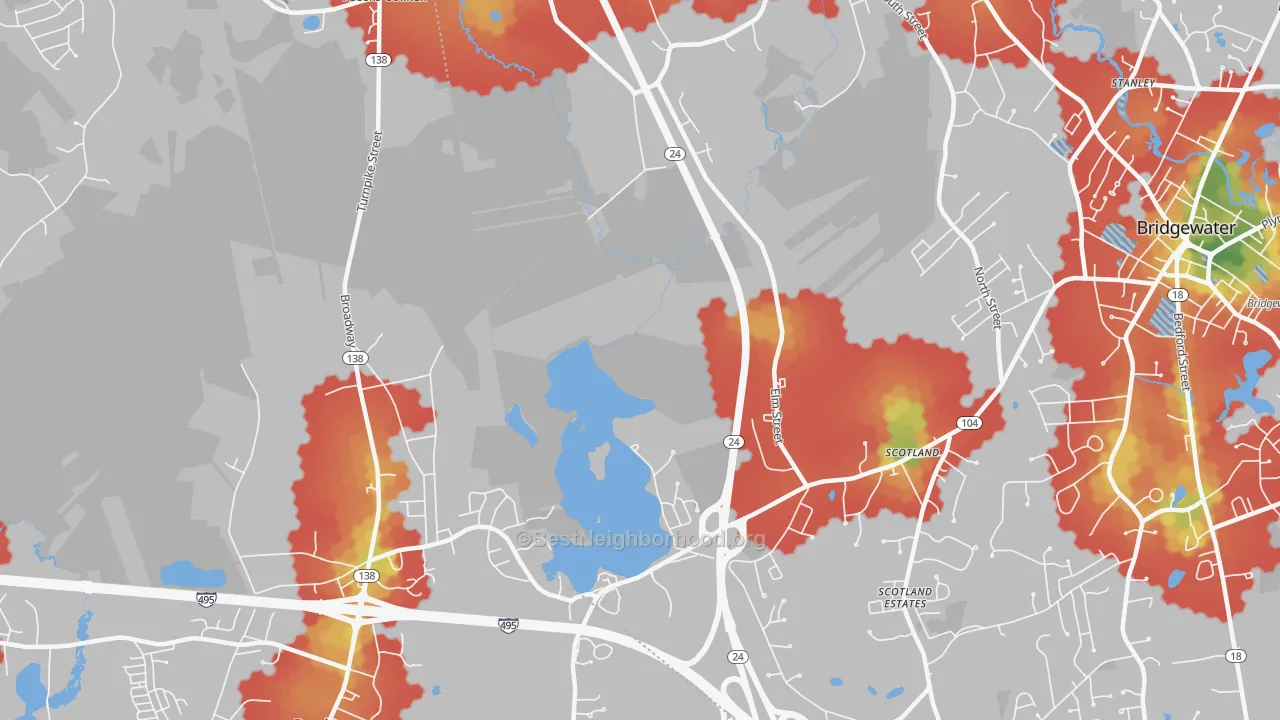 Walk Grade map of Cochesett, MA, walkable areas in green and car-dependent areas in red