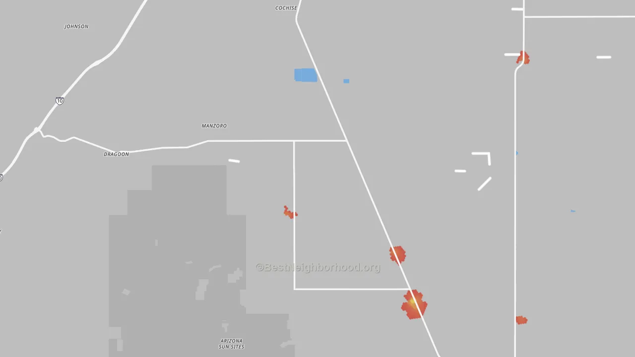 Walk Grade map of Cochise, AZ, walkable areas in green and car-dependent areas in red