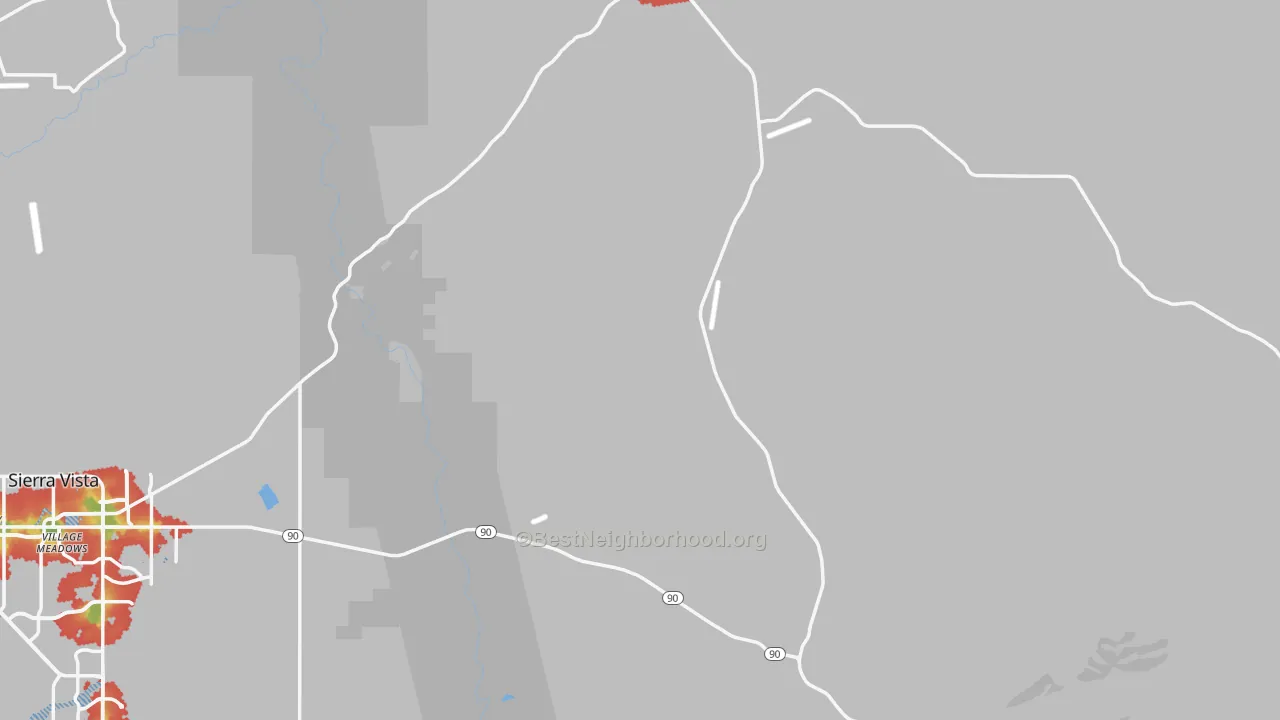 Walk Grade map of Cochise County, AZ, walkable areas in green and car-dependent areas in red