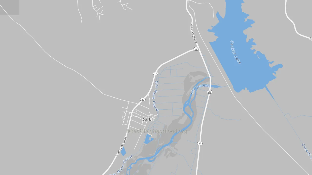 Walk Grade map of Cochiti, NM, walkable areas in green and car-dependent areas in red