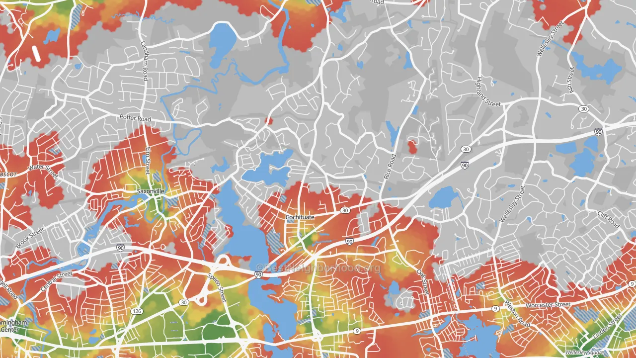Walk Grade map of Cochituate, MA, walkable areas in green and car-dependent areas in red
