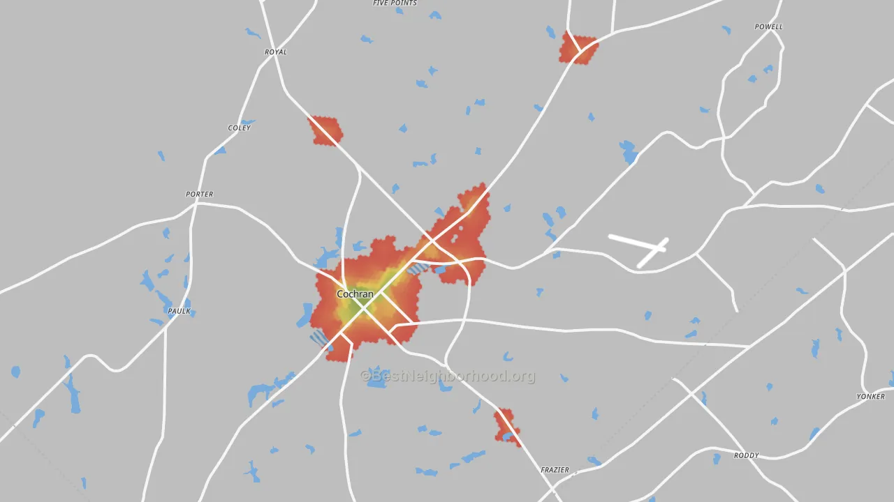 Walk Grade map of Cochran, GA, walkable areas in green and car-dependent areas in red