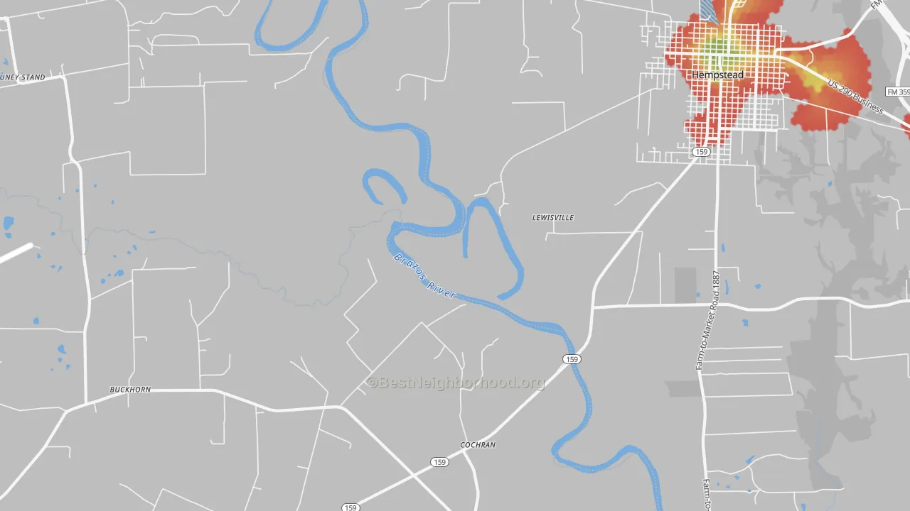Walk Grade map of Cochran, TX, walkable areas in green and car-dependent areas in red