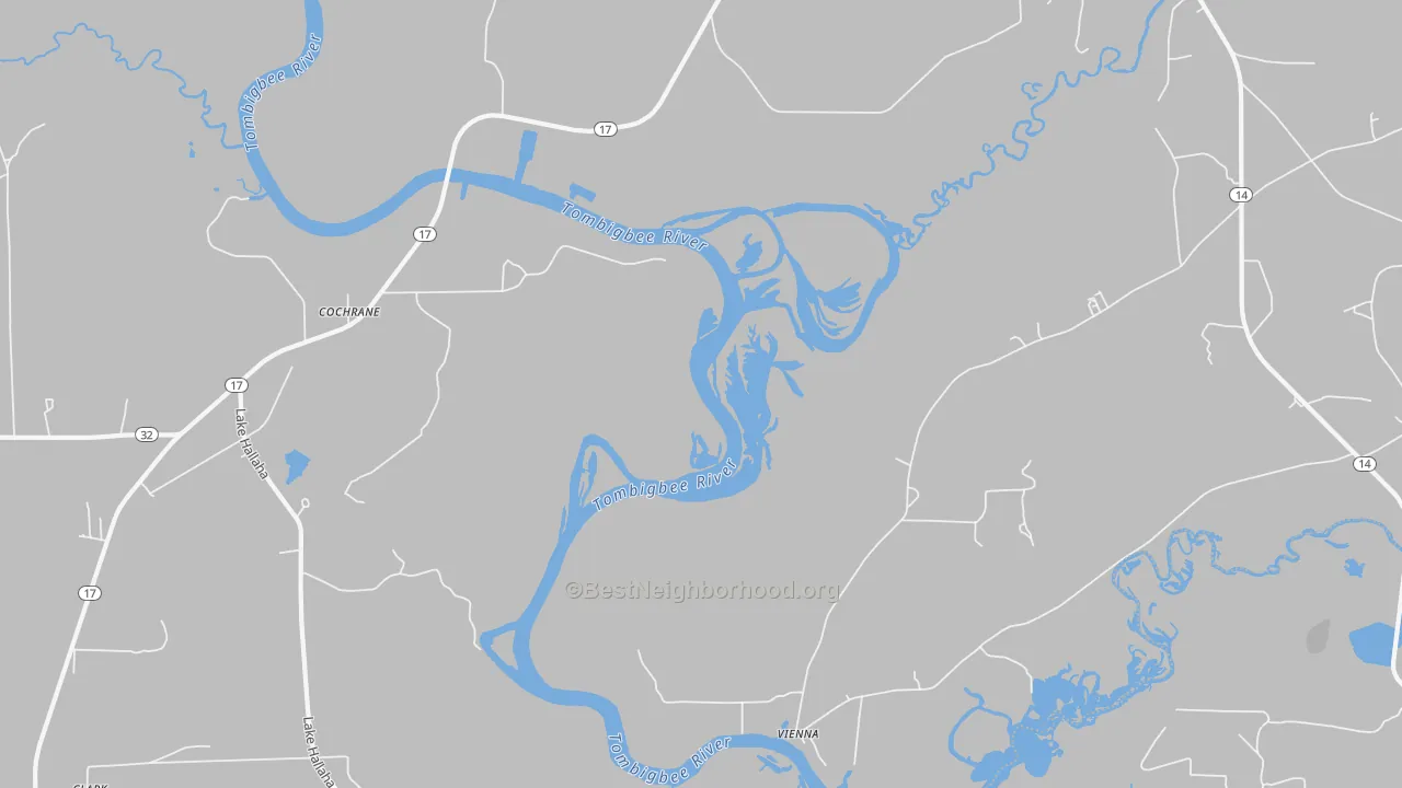 Walk Grade map of Cochrane, AL, walkable areas in green and car-dependent areas in red