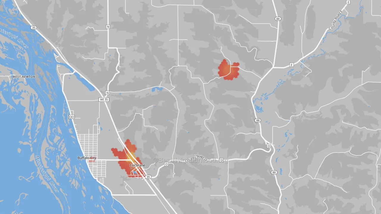 Walk Grade map of Cochrane, WI, walkable areas in green and car-dependent areas in red