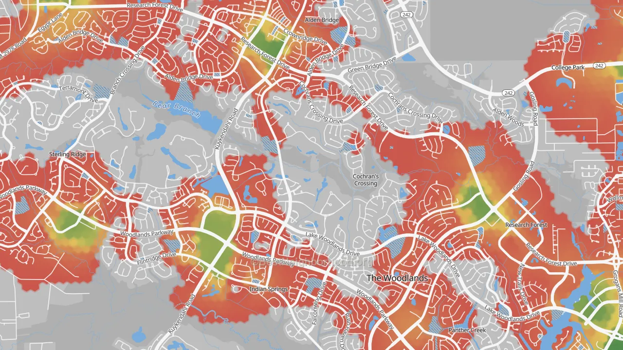 Walk Grade map of Cochran's Crossing, The Woodlands, TX, walkable areas in green and car-dependent areas in red