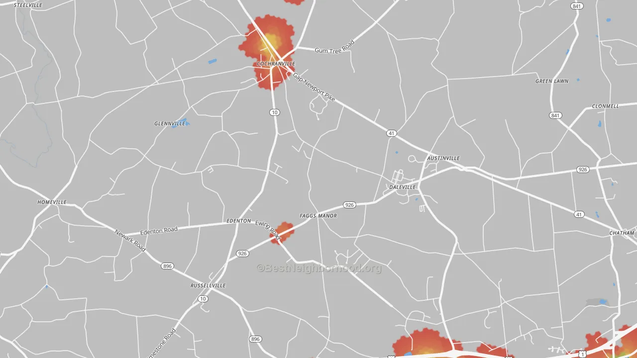 Walk Grade map of Cochranville, PA, walkable areas in green and car-dependent areas in red