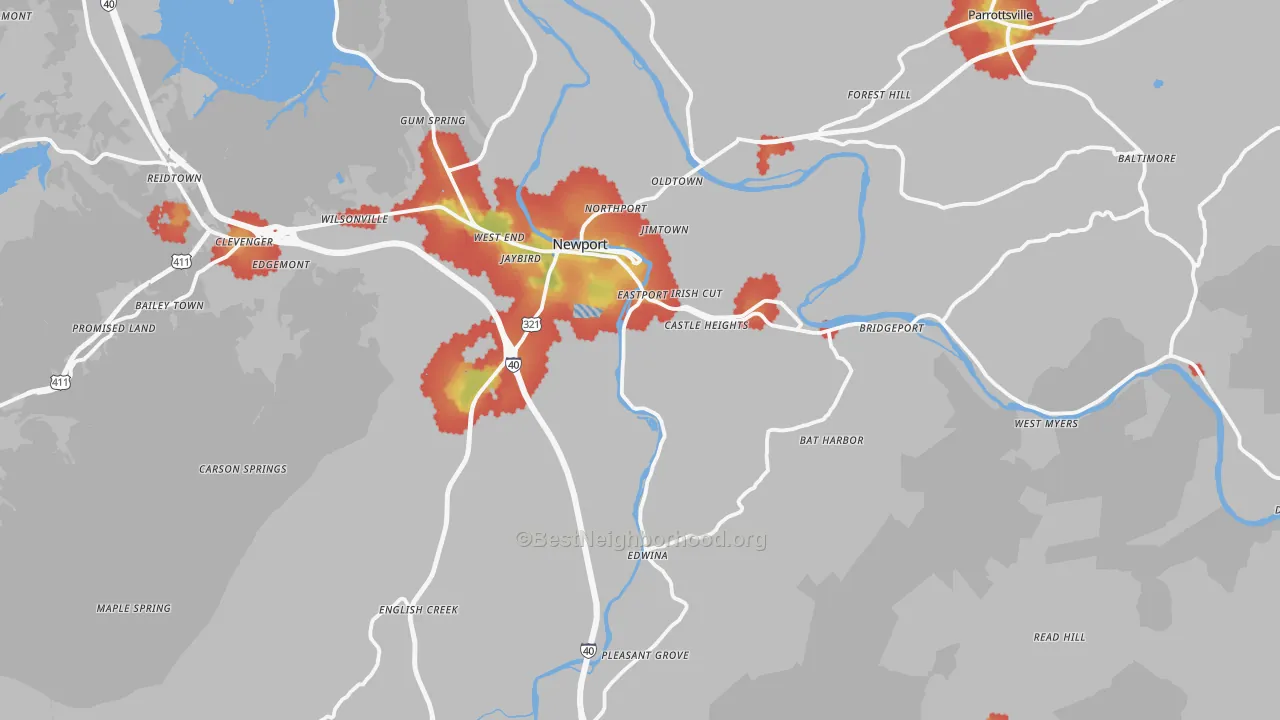 Walk Grade map of Cocke County, TN, walkable areas in green and car-dependent areas in red