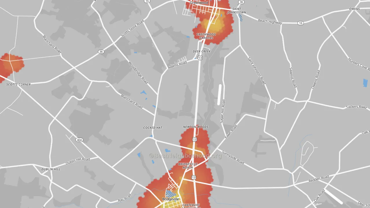 Walk Grade map of Cocked Hat, DE, walkable areas in green and car-dependent areas in red
