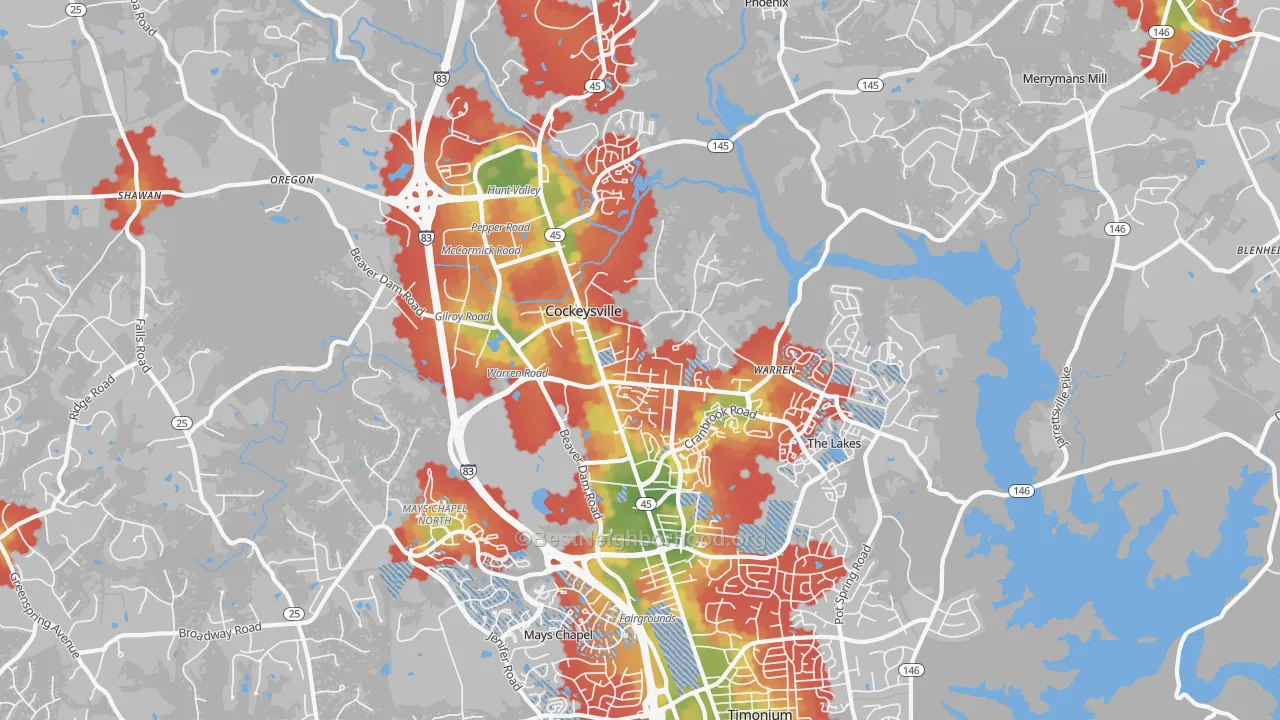 Walk Grade map of Cockeysville, MD, walkable areas in green and car-dependent areas in red