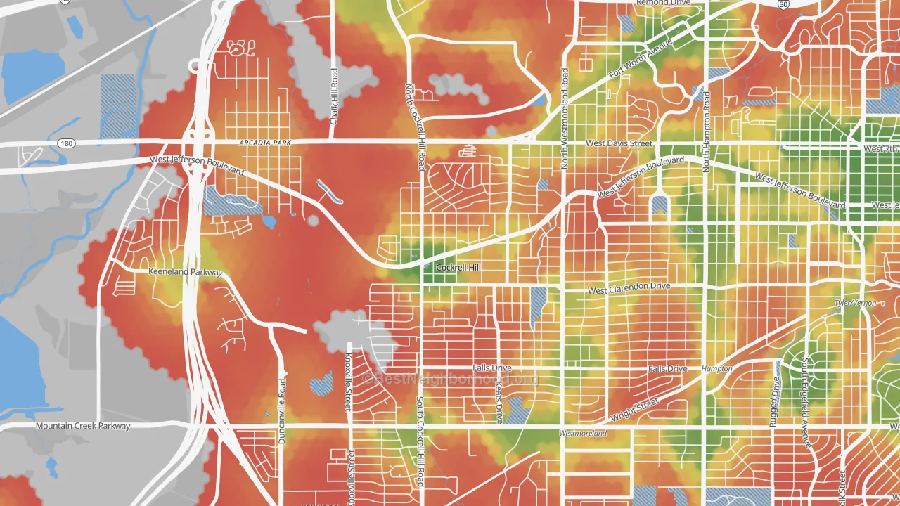 Walk Grade map of Cockrell Hill, TX, walkable areas in green and car-dependent areas in red
