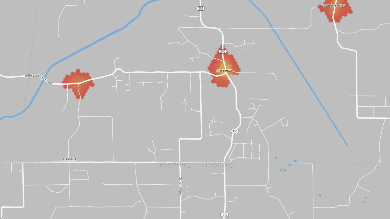 Walk Grade map of Cockrum, MS, walkable areas in green and car-dependent areas in red