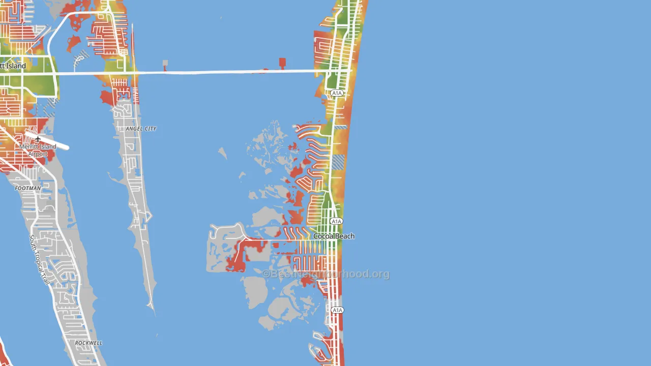Walk Grade map of Cocoa Beach, FL, walkable areas in green and car-dependent areas in red