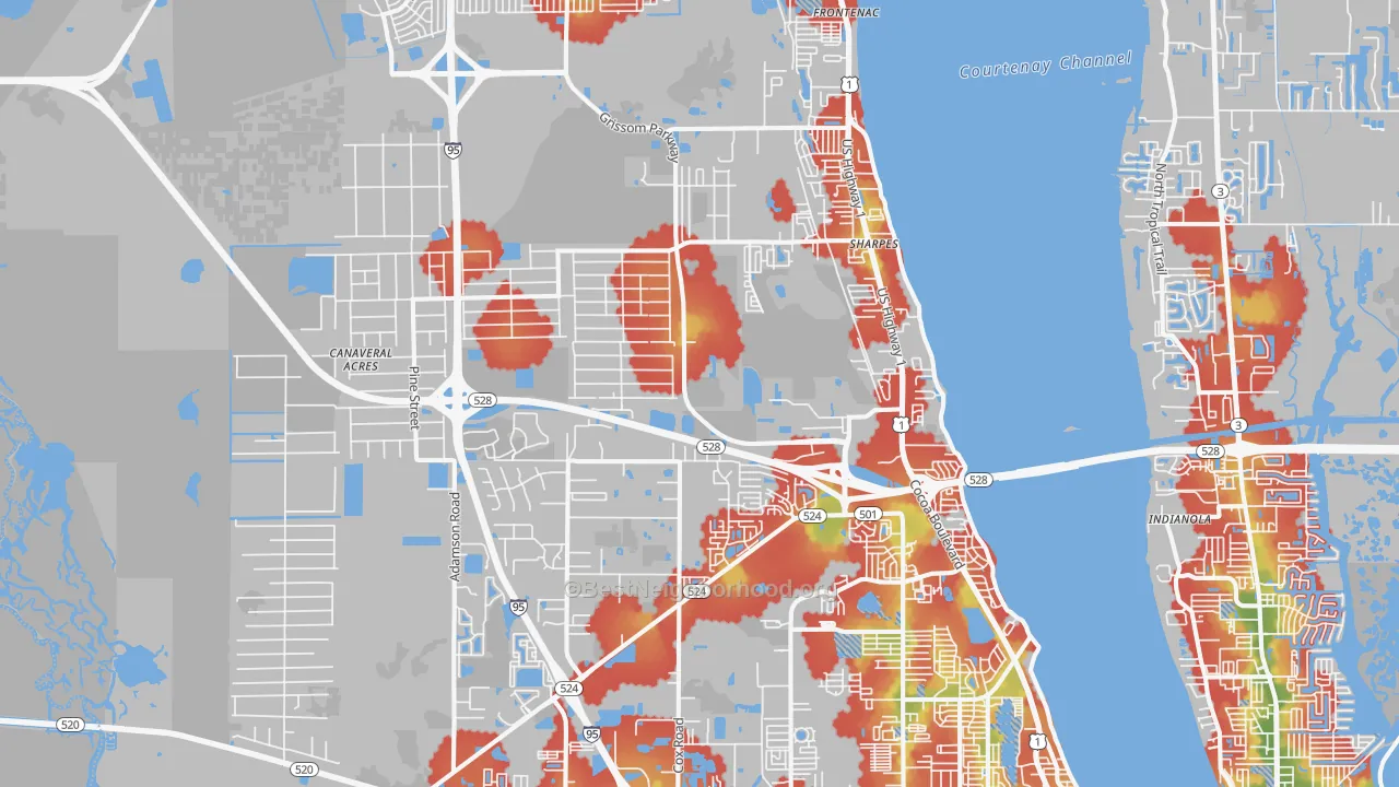 Walk Grade map of Cocoa, FL, walkable areas in green and car-dependent areas in red
