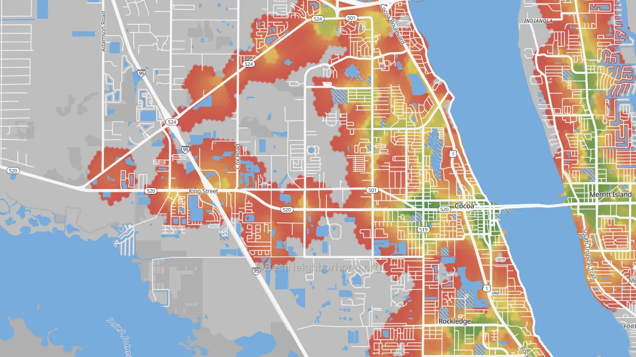 Walk Grade map of Cocoa West, FL, walkable areas in green and car-dependent areas in red