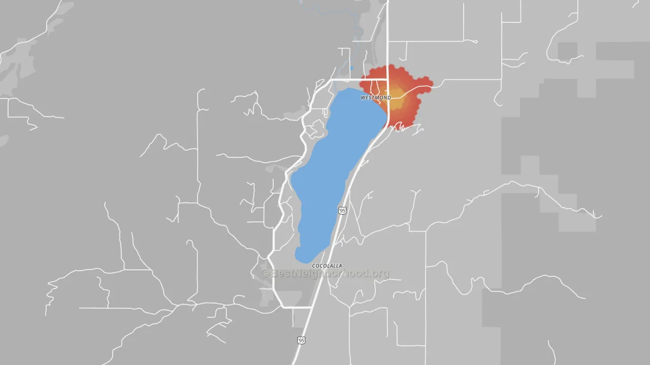 Walk Grade map of Cocolalla, ID, walkable areas in green and car-dependent areas in red