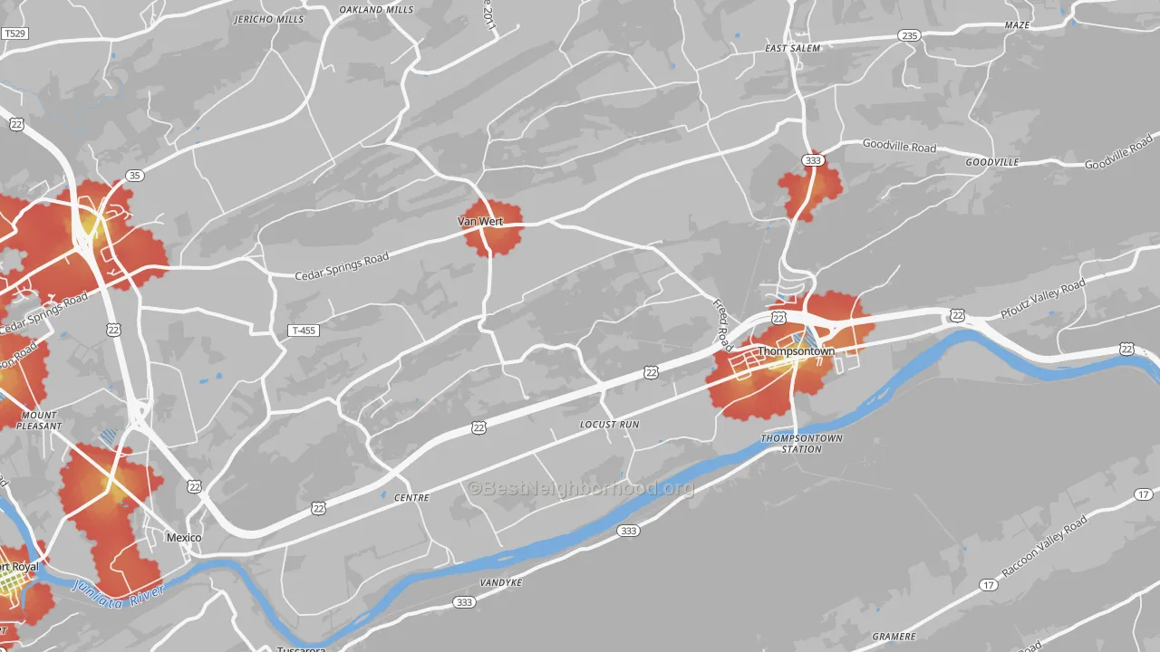 Walk Grade map of Cocolamus, PA, walkable areas in green and car-dependent areas in red