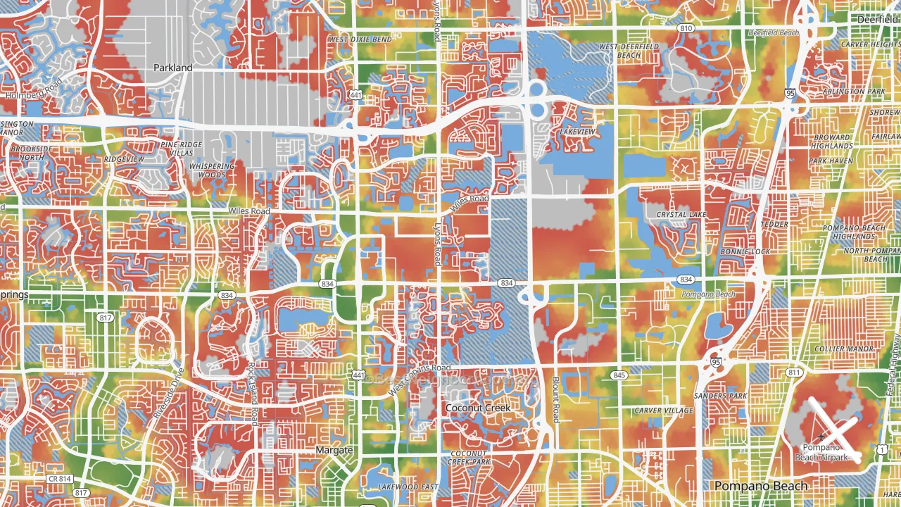 Walk Grade map of Coconut Creek, FL, walkable areas in green and car-dependent areas in red