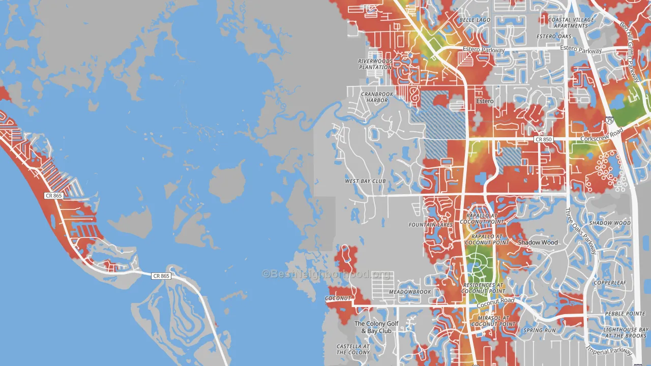 Walk Grade map of Coconut, FL, walkable areas in green and car-dependent areas in red