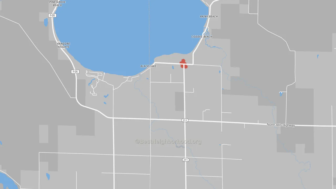 Walk Grade map of Coddes Beach, MI, walkable areas in green and car-dependent areas in red