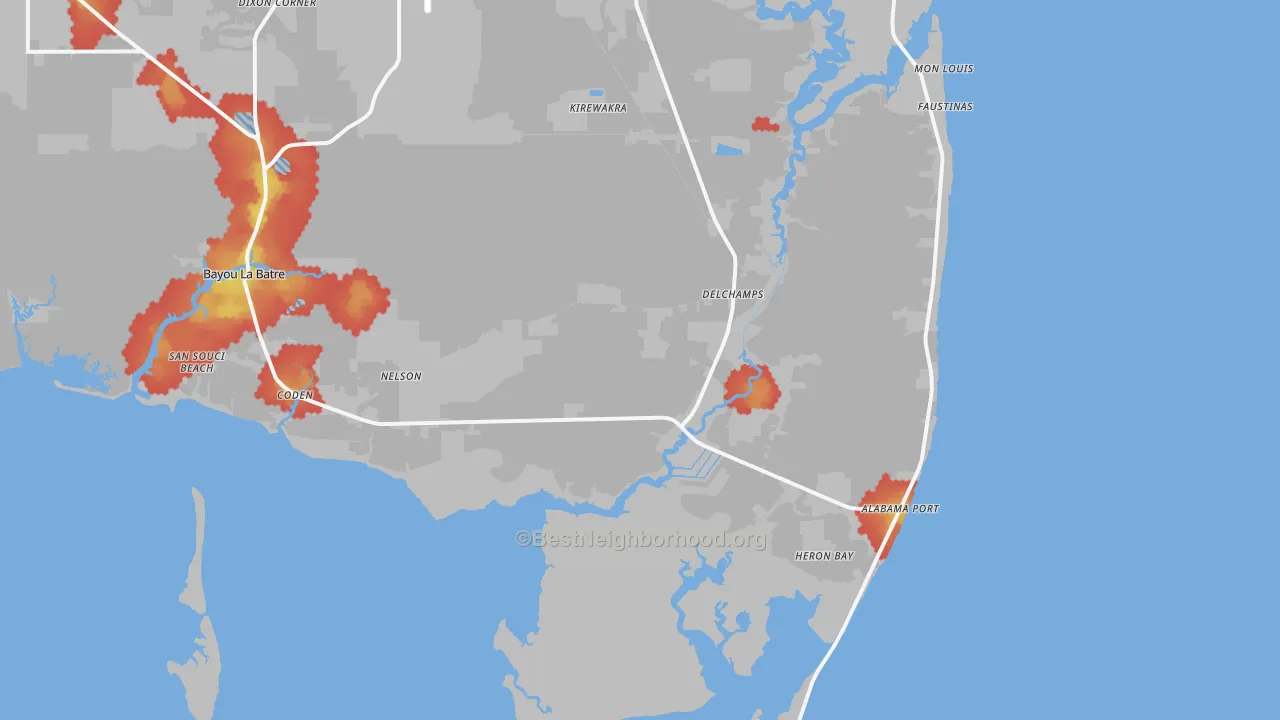 Walk Grade map of Coden, AL, walkable areas in green and car-dependent areas in red