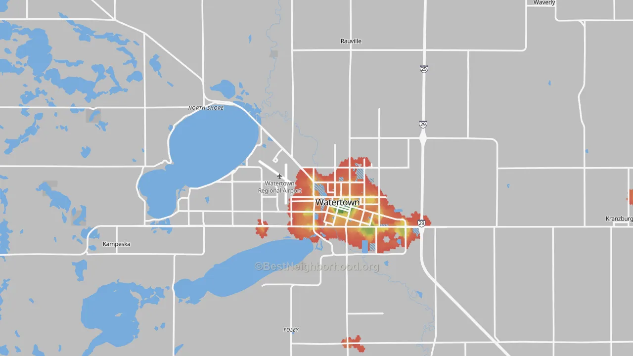 Walk Grade map of Codington County, SD, walkable areas in green and car-dependent areas in red