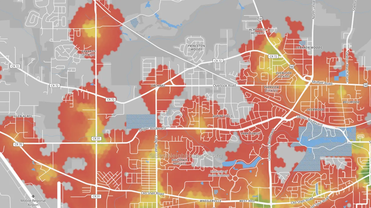 Walk Grade map of Cody, Mobile, AL, walkable areas in green and car-dependent areas in red