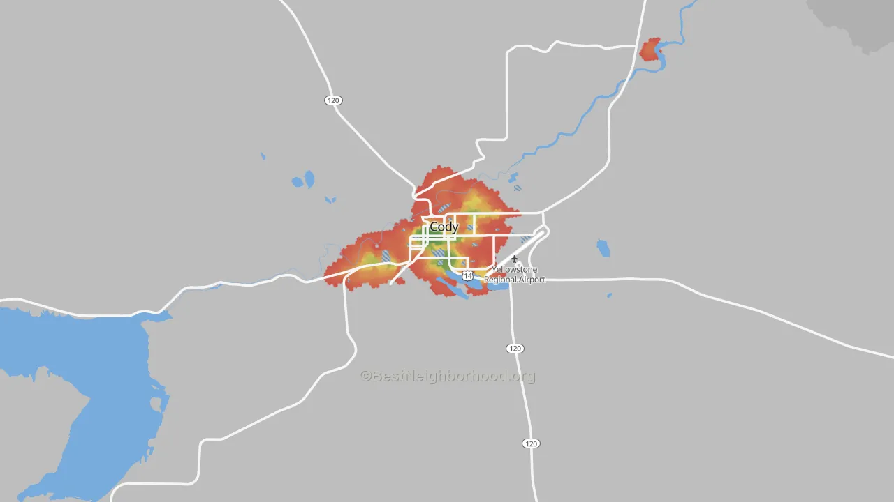 Walk Grade map of Cody, WY, walkable areas in green and car-dependent areas in red