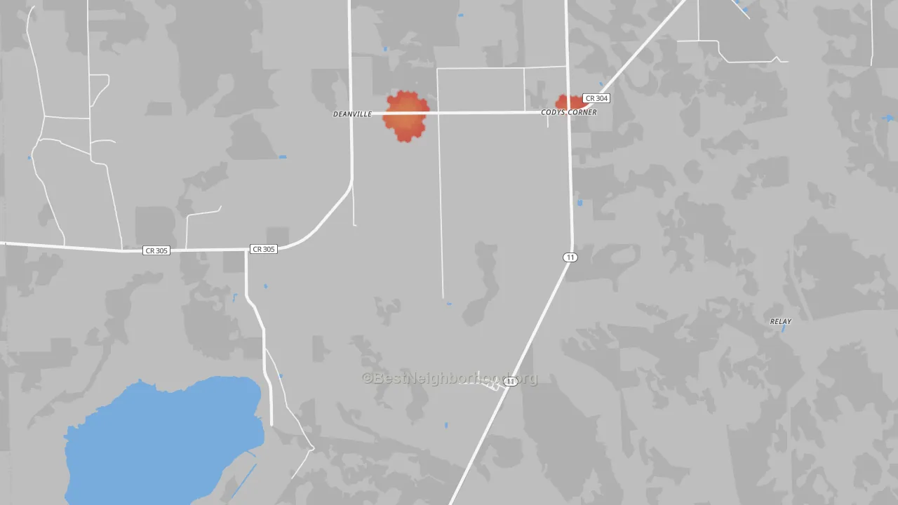 Walk Grade map of Codys Corner, FL, walkable areas in green and car-dependent areas in red