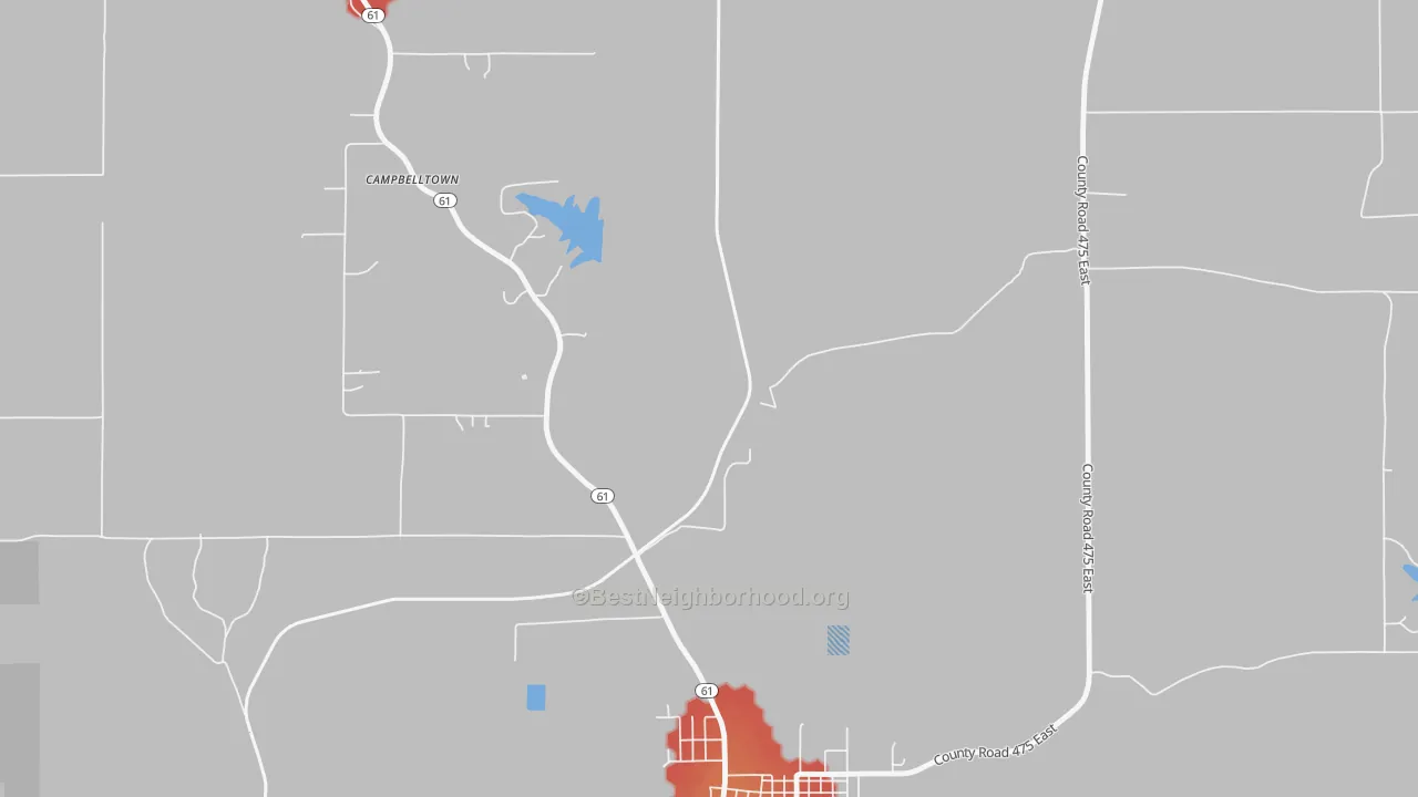Walk Grade map of Coe, IN, walkable areas in green and car-dependent areas in red