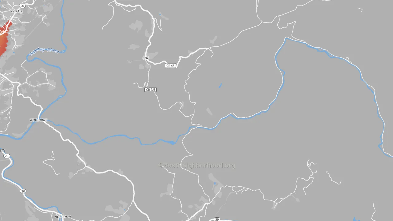 Walk Grade map of Coe, WV, walkable areas in green and car-dependent areas in red