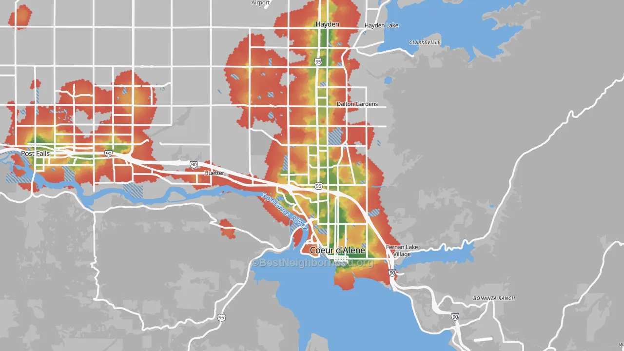 Walk Grade map of Coeur d'Alene, ID, walkable areas in green and car-dependent areas in red