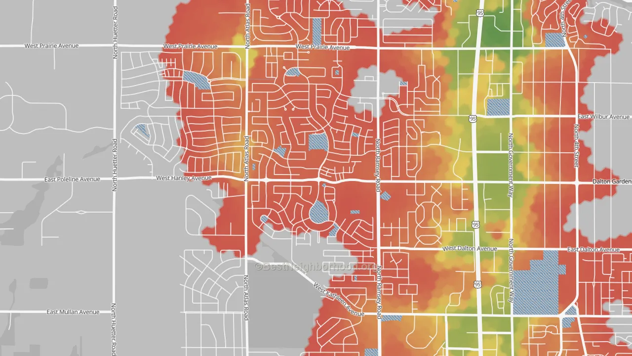 Walk Grade map of Coeur D'Alene Place, Coeur d'Alene, ID, walkable areas in green and car-dependent areas in red